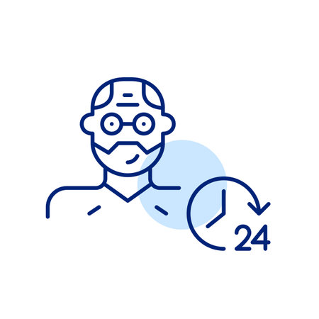 Middle-aged man and 24 hours clock. All hours support system. Timeless family connection and social services. Pixel perfect, editable stroke vector iconのイラスト素材
