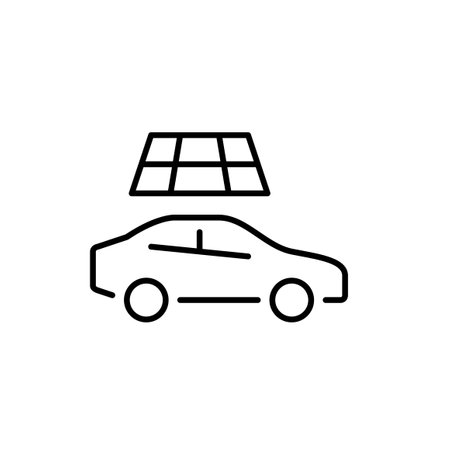 Car with solar panel. Alternative energy powered vehicles. Green, no exhaust and sustainable eco-friendly living. Pixel perfect, editable stroke vector iconのイラスト素材