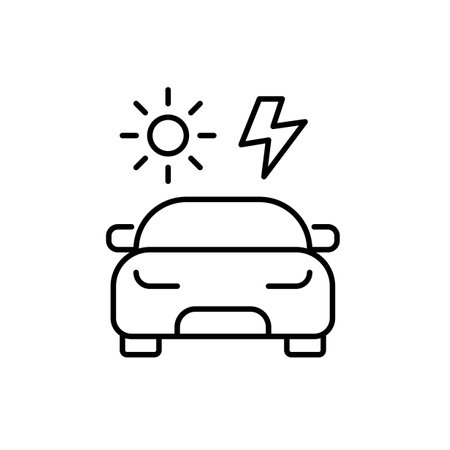 Car, sun and lightning. Alternative fuel sources. Renewable energy, electricity power. Sustainable eco-friendly living. Pixel perfect, editable stroke vector iconのイラスト素材