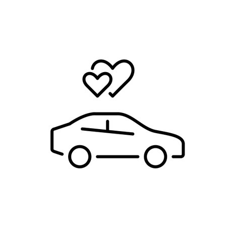 Car and intertwined hearts. Honeymoon travel, romantic getaway. Newlyweds, wedding and romance. Pixel perfect, editable stroke vector iconのイラスト素材