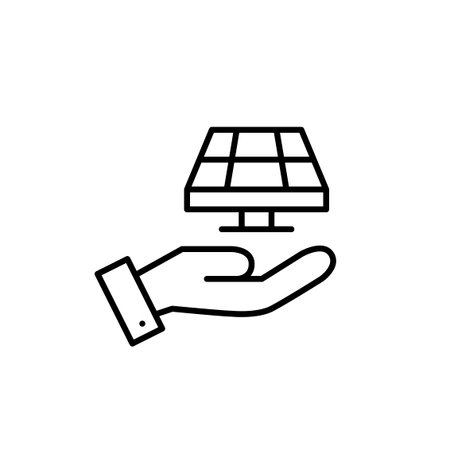 Hand and solar panel. Alternative energy sources for sustainable living. Pixel perfect, editable stroke vector iconのイラスト素材