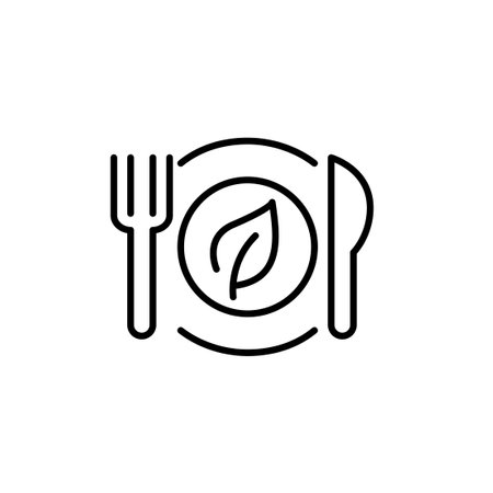 Leaf on a plate, fork and knife. Vegan restaurant, natural and eco-friendly food. Pixel perfect, editable stroke vector iconのイラスト素材