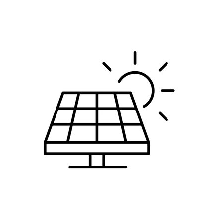 Solar panel and sun. Alternative sources. Renewable energy, electricity power. Sustainable eco-friendly living. Pixel perfect, editable stroke vector iconのイラスト素材