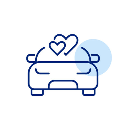 Car front view and hearts. Honeymoon, newlywed travel, romantic vacation. Pixel perfect, editable stroke vector iconのイラスト素材