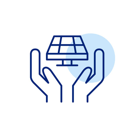 Hands holding solar panel. Alternative green energy sources. Pixel perfect, editable stroke vector iconのイラスト素材