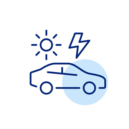 Car side view, sun and lightning. Solar energy run vehicles. Renewable fuel, green living. Pixel perfect, editable stroke vector iconのイラスト素材