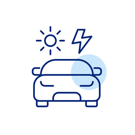 Car, sun and lightning. Alternative fuel sources. Renewable energy, electricity power. Sustainable eco-friendly living. Pixel perfect, editable stroke vector iconのイラスト素材