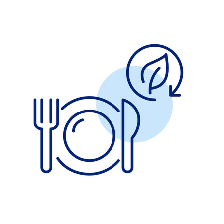 Plate, knife, fork and leaf in recycling symbol. Green, natural eco-friendly and vegan food. Pixel perfect, editable stroke vector iconのイラスト素材