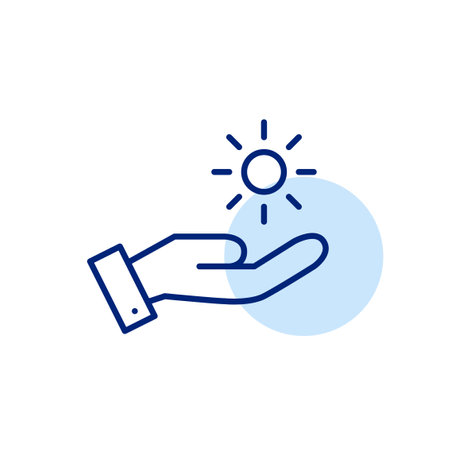 Hand holding sun. Tropical beach vacation. Alternative energy sources. Solar power. Pixel perfect, editable stroke vector iconのイラスト素材