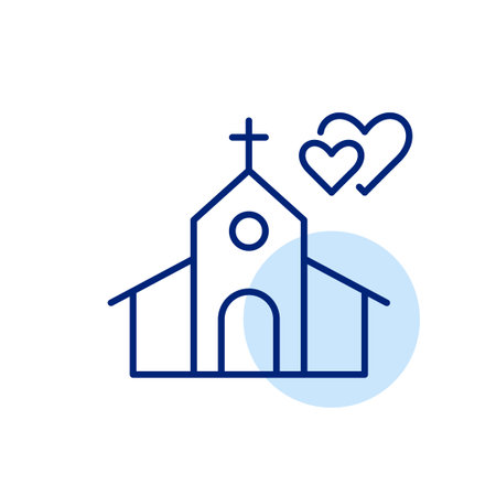 Church building with cross and hearts. Wedding ceremony. Pixel perfect, editable stroke vector iconのイラスト素材