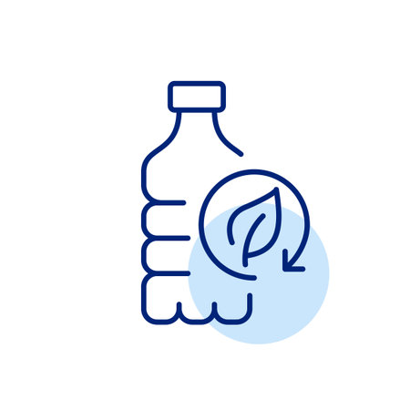Plastic bottle and leaf in recycling arrow. Sustainable living, eco-friendly food and beverage packaging. Pixel perfect, editable stroke vector iconのイラスト素材