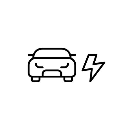 Car with lightning bolt. Electric-powered vehicle, eco-friendly transportation. EV charger and parking spot. Pixel perfect, editable stroke vector iconのイラスト素材