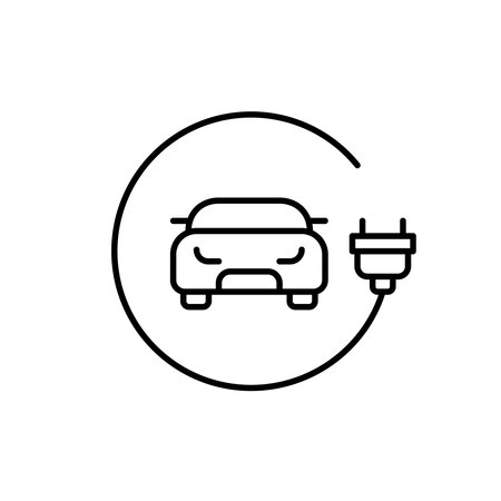 EV charging sport. Electric car and plug. Sustainable power sources, hybrid vehicles. Pixel perfect, editable stroke vector iconのイラスト素材