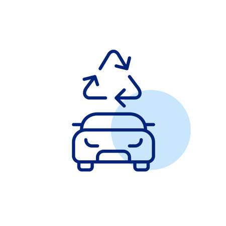 Car and recycling arrows. Recyclable vehicle parts, eco-friendly disposal and reuse of EV batteries. Pixel perfect, editable stroke vector iconのイラスト素材