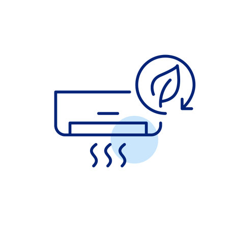 Air conditioning unit and leaf in renew arrow. Energy efficient cooling, eco-friendly power control. Clean and purified air. Pixel perfect, editable stroke vector iconのイラスト素材