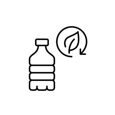 Plastic bottle and leaf in recycling arrow. PET food and beverage packaging. Pixel perfect, editable stroke vector iconのイラスト素材
