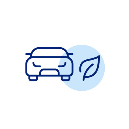Car and leaf. Green mobility, eco-friendly vehicle, low emission, electric and sustainable transportation. Pixel perfect, editable stroke vector iconのイラスト素材