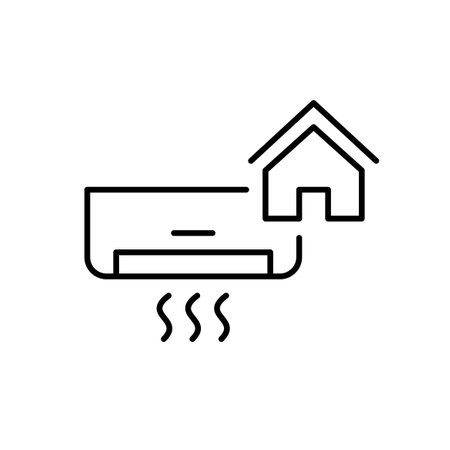Air conditioner and house symbol. Home maintenance and repairs. Sustainable cooling, smart thermostat integration. Pixel perfect, editable stroke vector iconのイラスト素材