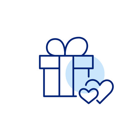 Gift with ribbon bow and hearts. Romantic dating and anniversary. Wedding, Valentine and relationships. Pixel perfect, editable stroke vector iconのイラスト素材