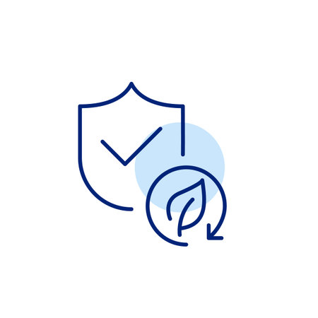 Shield with a checkmark and leaf inside a recycling arrow. Products or services that are environmentally certified and adhere to sustainability standards. Pixel perfect, editable stroke vector iconのイラスト素材