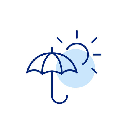 Umbrella and sun. UV blocking solutions, outdoor leisure and activity. Heatwave prevention. Pixel perfect, editable stroke vector iconのイラスト素材