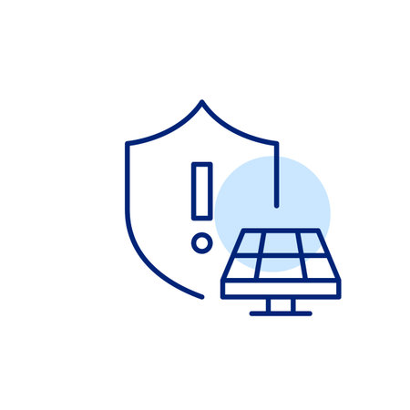 Shield with exclamation mark and solar panel. Safety check, installation or function issues. Pixel perfect, editable stroke vector iconのイラスト素材