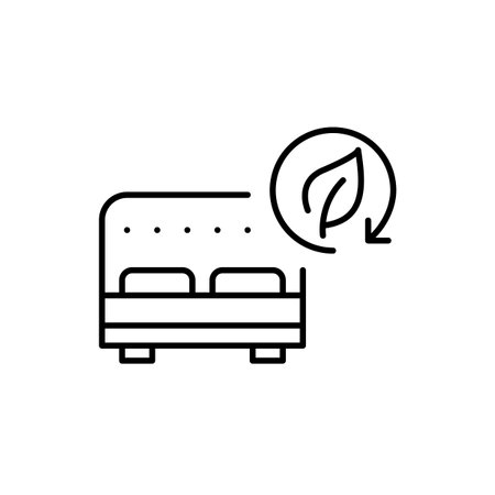 Double bed and leaf in recycling arrow. Organic bedding, sustainable hotel and living. Eco-retreat and wellness. Pixel perfect, editable stroke vector iconのイラスト素材