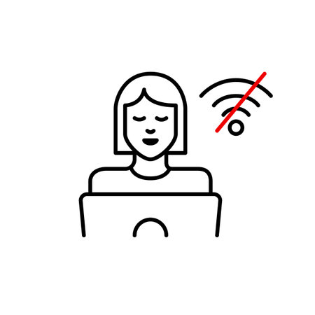 Woman at laptop and no wi-fi connection symbol. Offline study or work mode. Pixel perfect, editable stroke vector iconのイラスト素材