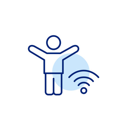 Stick figure man with arms raised up in happy gesture and wi-fi. Online connection, internet access. Pixel perfect, editable stroke vector iconのイラスト素材