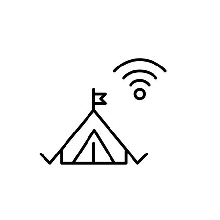 Camping tent and wi-fi symbol. Campsite with digital access. Pixel perfect, editable stroke vector iconのイラスト素材