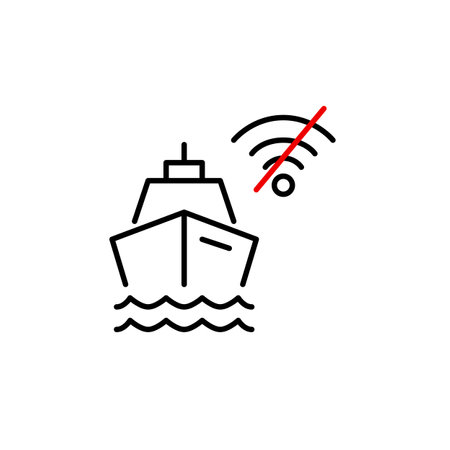 Cruise ship and no wi-fi symbol. Offline travel in deep sea. Disconnected digital detox vacation. Pixel perfect, editable stroke vector iconのイラスト素材