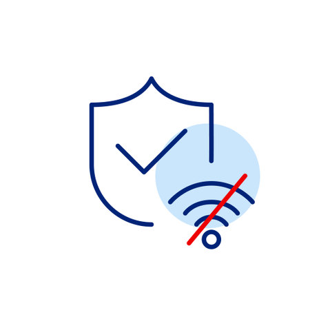 Shield with checkmark and no wi-fi symbol. Cyber security, offline data protection. Pixel perfect, editable stroke vector iconのイラスト素材