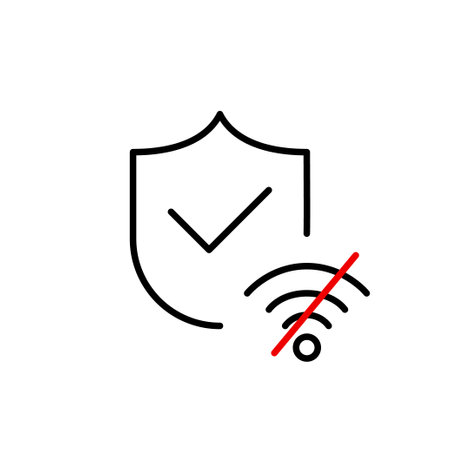 Shield with checkmark and no wi-fi symbol. Cyber security, offline data protection. Pixel perfect, editable stroke vector iconのイラスト素材