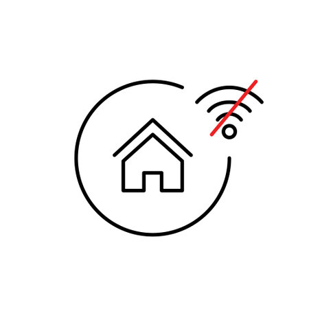 House and no wi-fi symbol. Digital detox or offline living. No smart home connectivity. Pixel perfect, editable stroke vector iconのイラスト素材
