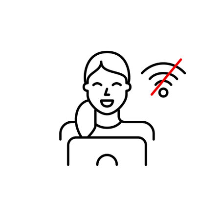 Woman at laptop and no wi-fi symbol. Disconnected offline work or study mode. Pixel perfect, editable stroke vector iconのイラスト素材