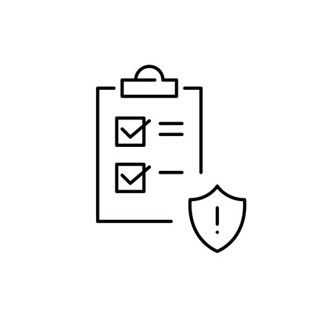 Checklist on clipboard and security shield with exclamation mark. Urgent compliance checklist, secure to-do alert. Pixel perfect, editable stroke vector iconのイラスト素材