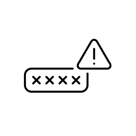 Password in input box covered by asterisks. Login protection warning, weak password risk alert. Unauthorized authentication attempt. Pixel perfect, editable stroke vector iconのイラスト素材