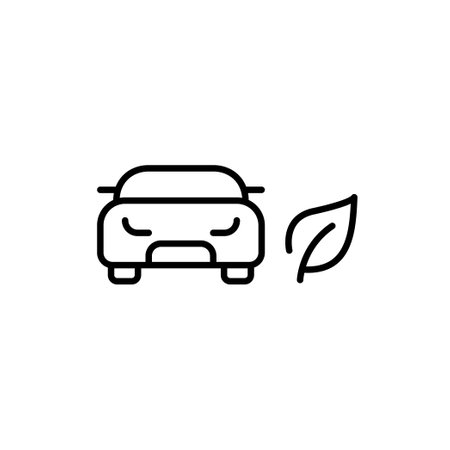 Car and leaf. Green mobility, eco-friendly vehicle, low emission, electric and sustainable transportation. Pixel perfect, editable stroke vector iconのイラスト素材
