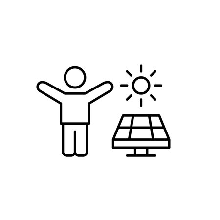Happy person with raised arms, solar panel and sun. Sustainable living, eco-friendly alternative energy sources. Pixel perfect, editable stroke vector iconのイラスト素材