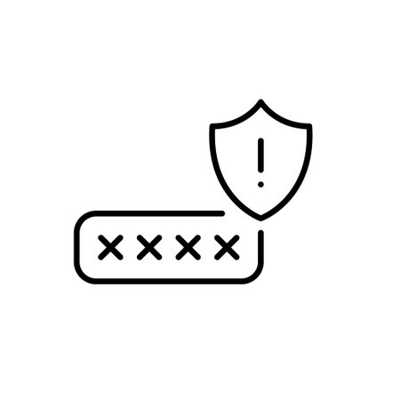 Password or pin code and shield with exclamation mark. Security breach risk, sensitive information warning. Pixel perfect, editable stroke vector iconのイラスト素材