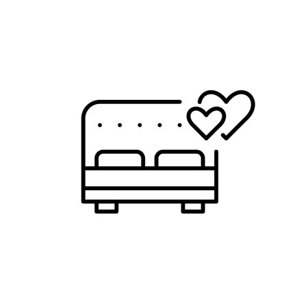 Double bed and two hearts. Honeymoon suite, luxurious hotel room. Holiday vacation, romantic getaway. Pixel perfect, editable stroke vector iconのイラスト素材