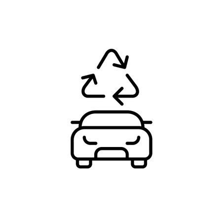 Car and recycling arrows. Recyclable vehicle parts, eco-friendly disposal and reuse of EV batteries. Pixel perfect, editable stroke vector iconのイラスト素材