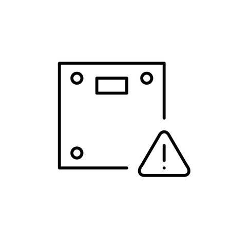 Weight scale and exclamation mark in triangle. Weight management alert, obesity health risks notifications. Pixel perfect, editable stroke vector iconのイラスト素材