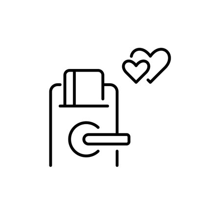 Hotel door lock and hearts. Do not disturb, honeymoon suite. Romantic getaway, holiday travel. Pixel perfect, editable stroke vector iconのイラスト素材