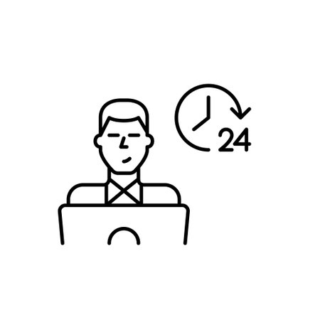 Young man working or studying at laptop and 24 clock. All hours availability, round the clock focus. Pixel perfect, editable stroke vector iconのイラスト素材