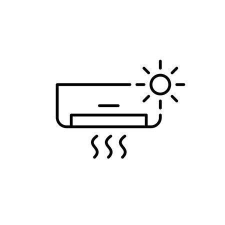 AC unit, sun and cool air. Efficient heating, ventilation, and air conditioning solutions. Pixel perfect, editable stroke vector iconのイラスト素材