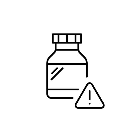 Pills bottle and exclamation mark in triangle. Medication warning. Potential side effects, drug safety and storage. Pixel perfect, editable stroke vector iconのイラスト素材