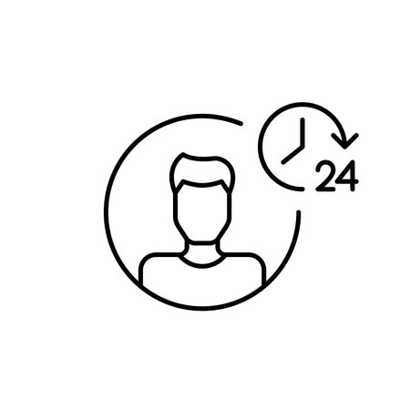 Man user profile and 24 hours symbol. Round the clock customer support, always online. Pixel perfect, editable stroke vector iconのイラスト素材