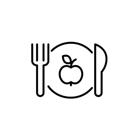 Apple on plate, fork and knife. Healthy eating, vegetarian or vegan diet. Organic farm food. Pixel perfect, editable stroke vector iconのイラスト素材
