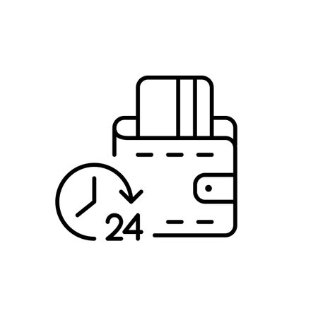 Card in wallet and 24 hours symbol. Round the clock payment and financial services. Pixel perfect, editable stroke vector iconのイラスト素材